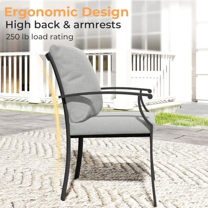 HAPPATIO 7-Piece Patio Dining Set, Outdoor Dining Set with Powder-Coated Metal,Dining Table with Umbrella Hole, 6 Stackable Chairs with Removable Cushions for Porch Poolside Garden,Grey