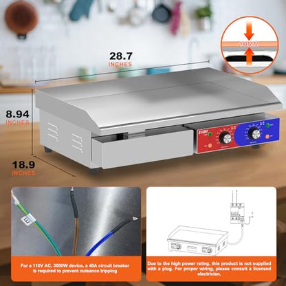 HTTSICHI 29’’ * 16’’ Commercial Electric Countertop Griddle -110V Flat Top Griddles w/ 122-572°F Adjustable Temperature and Non-Stick, 3000W Stainless Steel Electric Griddle w/ 10mm Thick Cast Iron