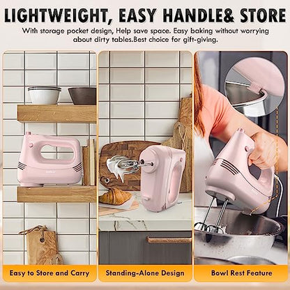 GUALIU Electric Hand Mixer with Stainless Steel Whisk, Dough Hook Attachment and Storage Bag, Handheld Mixer for Baking Cakes, Eggs, Cream Food Mixers. Turbo Boost /5 Speed Kitchen Blender PINK