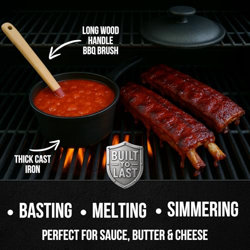 1 QT Cast Iron Sauce Pot with Lid & Wood Brush for Basting, Melting, Simmering Sauce, Butter & Cheese - Built for Cooking, Grilling & Camping - 932°F Max Even Heat Distribution - Professional Grade