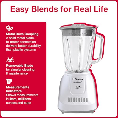 Koblenz LKM-5910 VB Glass Blender, 51 oz Countertop, 500W Motor, 10 Speed + 2 Pulse, Stainless Steel Blades, Metal Coupling, Blender for Smoothies and Shakes, White