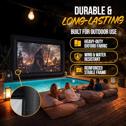 KHOMO Gear 16 ft Outdoor Projector Screen with Built-in Blower - Supports Front and Rear Projection - Includes Tie-Downs and Storage Bag - Inflatable Projector