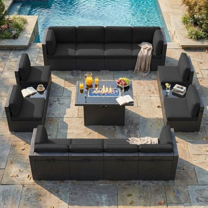 LayinSun 15 Piece Patio Furniture Set with Fire Pit Table, Outdoor Conversation Sets Wicker Rattan Sectional Sofa with Coffee Table