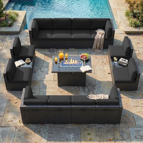 LayinSun 15 Piece Patio Furniture Set with Fire Pit Table, Outdoor Conversation Sets Wicker Rattan Sectional Sofa with Coffee Table