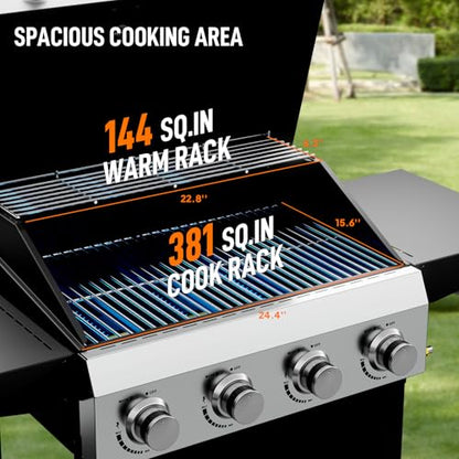 ROVSUN 4 Burner Propane Gas Grill with Foldable Side Shelves, 40000BTU BBQ Grills with Enameled Cast Iron Grates, Cabinet & Poratable Rolling Wheels for Outdoor Garden Patio Backyard Barbecue Cooking