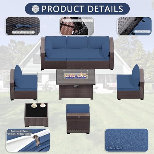 ASJMR Outdoor Patio Furniture Set with Gas Fire Pit Table, 8 Pieces Outdoor Furniture Set Patio Sectional Sofa w/43in Propane Fire Pit, PE Wicker Rattan Patio Conversation Sets (Dark Blue)