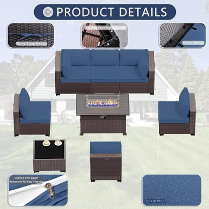 ASJMR Outdoor Patio Furniture Set with Gas Fire Pit Table, 8 Pieces Outdoor Furniture Set Patio Sectional Sofa w/43in Propane Fire Pit, PE Wicker Rattan Patio Conversation Sets (Dark Blue)