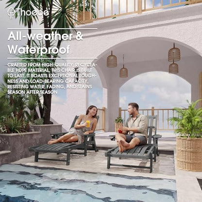 THOEOE Patio Chaise Lounge Chair, Lounge Chair Outdoor with 5 Positions, HDPE, Patio Lounge Chair with Wheels & Cup Holder for Pool, Deck, Poolside,Grey
