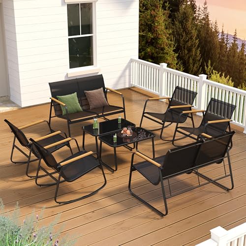 Ahomly 8-Piece Outdoor Patio Furniture Set, Textilene Rocking Set, Black