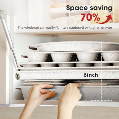 11-Piece Baking Pans Set Nonstick, Stackable Bakeware, Toxin-Free Baking Pans Set with Silicone Handles, Includes Cookie Sheets, Cake Pan, Loaf Pan, Pizza Pan, Muffin Pan, White&Khaki