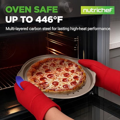 NutriChef 13-Inch Non-Stick Pizza Tray - with Silicone Handle, Round Steel Non-stick Pan with Perforated Holes, Premium Bakeware, Pizza Tray with Extended Handles, Dishwasher Safe - Champagne Gold