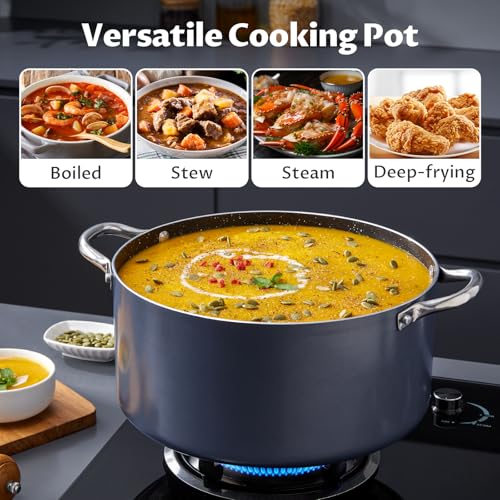 BEZIA 12 Quart Cooking Pot, Large Non Stick Induction Stock Pots with Lid, All Stove Compatible, 12 QT Aluminum Soup/Stew Pot For Big Gatherings, Grey