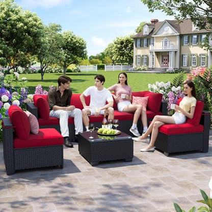 OUGMMGOU 7 Pieces Outdoor Patio Furniture Set, Outdoor Sectional Furniture Set, All-Weather PE Rattan Wicker Sofa with Cushions for Balcony, Deck, Garden