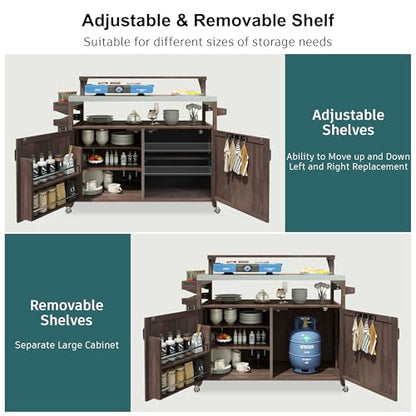 Merax 53.3" Outdoor Kitchen Island with Raised Shelf, Solid Wood Storage Cabinet with Stainless Steel Top, Rolling Grill Cart, Adjustable Shelf, Brown