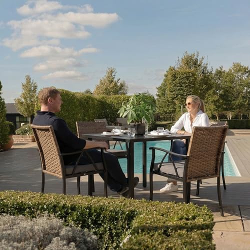 Andehomy 5-Piece Patio Dining Set for 4, Outdoor Dining Set with 4 Wicker Patio Dining Chairs with Cushions & 1 Black Square Woodgrain Dining Table with 1.75" Market Umbrella Hole, Black & Brown
