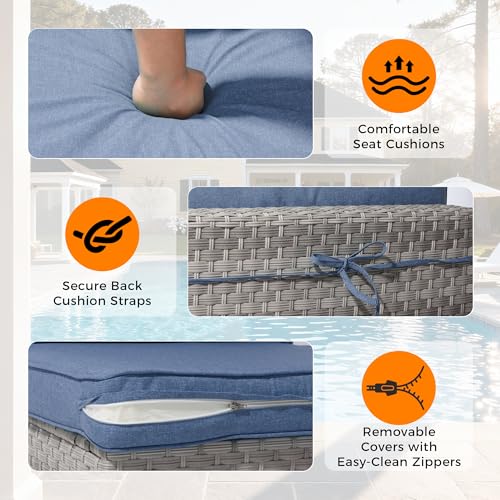 MAISON BACKYARDS 6-Seat Modular Patio Furniture Set – Outdoor Wicker Sectional Sofa with Thick 4″ Cushions, Dual-Strand PE Rattan, Rust-Resistant 18 mm Steel Frame, Backyard Garden Deck Lounge,Navy