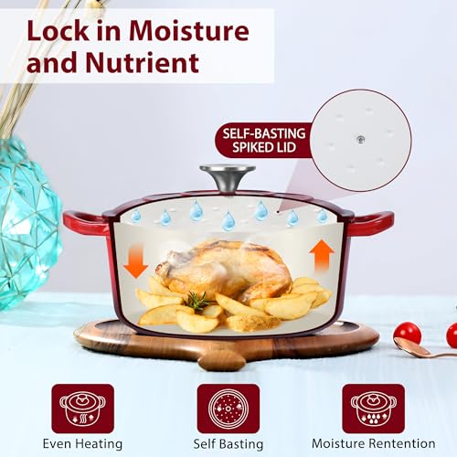 LIANYU 3QT Enameled Cast Iron Dutch Oven, Heavy Duty Round Pot with Lid, Nonstick Interior, Oven Safe to 500°F, Even Heat Distribution, Sourdough Bread Baking & Braising, Stews, Red