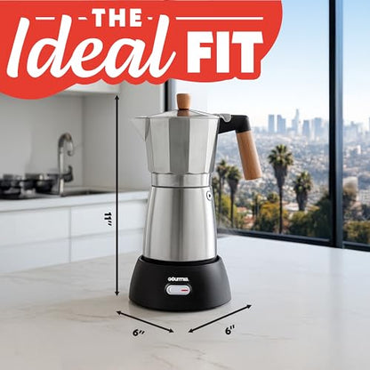Gourmia Electric Moka Pot Espresso Maker – 6 Shot Italian-Style Coffee Brewer, 550W Detachable 360° Cordless Base, Food-Grade Aluminum, Beechwood Handle