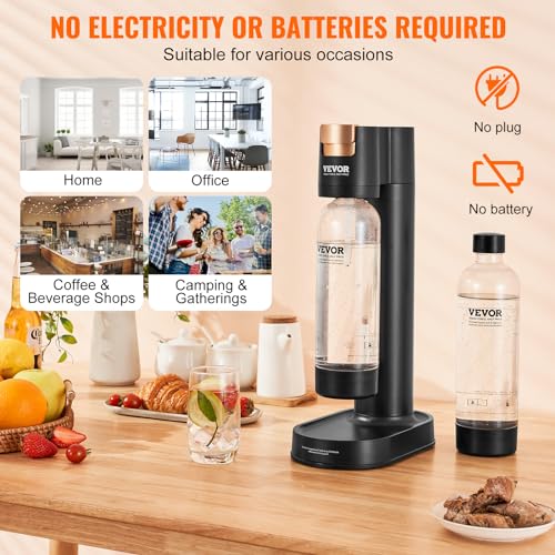 VEVOR Sparkling Water Maker, Soda Maker Machine for Home Carbonating, Seltzer Water Starter Kit with 2 BPA-free 1L PET Bottles, Compatible with Mainstream Screw-in 60L CO2 Cylinder(NOT Included) Black