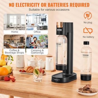 VEVOR Sparkling Water Maker, Soda Maker Machine for Home Carbonating, Seltzer Water Starter Kit with 2 BPA-free 1L PET Bottles, Compatible with Mainstream Screw-in 60L CO2 Cylinder(NOT Included) Black