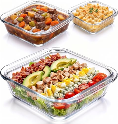 ERSINNO 3-Piece Borosilicate Glass Baking Dish Set - Nestable Square Casserole Dish for Oven, Microwave, Freezer - 752°F Heat Resistant, Clear Glass Roasting Pans for Lasagna, Leftovers, Meal Prep（1 QT,1.2 QT,2 QT)