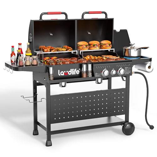 LAUDLIFE Gas and Charcoal Grill Combo with Side Burner, 3 Burners Propane BBQ Grill, 748 SQ.IN Cooking Space, Non-Stick Enamel Coating Grates, Heavy-Duty Stand for Backyard & Outdoor Barbecue