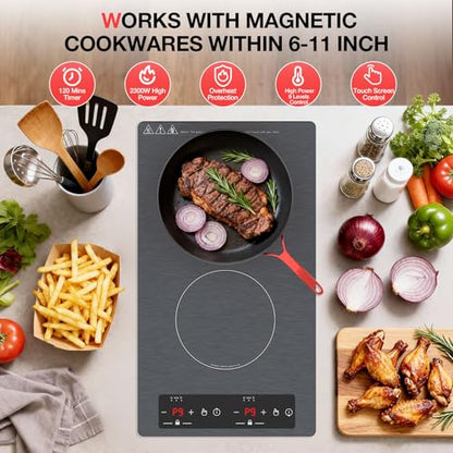 Double Induction Cooktop 110v-120v, GTKZW 2300W Electric Cooktop 20 inch Hot Plate Electric Stove Top with Plug in, Built-in and Countertop, 9 Power Levels, Timer & Safety Lock