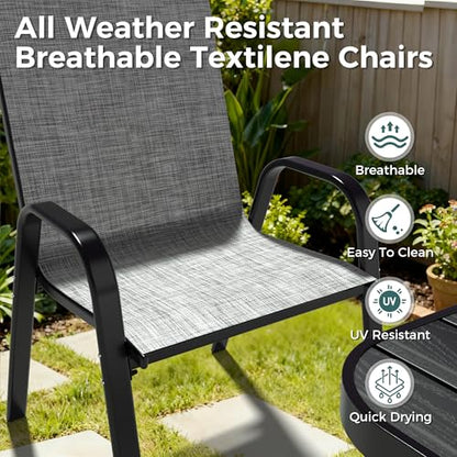 Pamapic Outdoor Dining Sets for 6, Rectangular Steel Slat Table with 6 Textilene Chairs, 7 Piece Patio Table and Chairs Set with Umbrella Hole for Patio, Backyard, Poolside (Grey, No Umbrella)