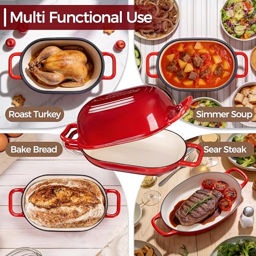 GdnWings Oval Dutch Oven for Bread Baking, 12 x 8 Inch Cast Iron Bread Oven for homemade bread, Sourdough Dutch Oven Bread baking Pan for a Crispy Crust, 5QT, Cherry