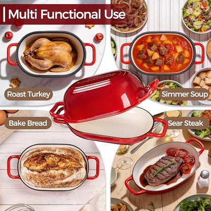 GdnWings Oval Dutch Oven for Bread Baking, 12 x 8 Inch Cast Iron Bread Oven for homemade bread, Sourdough Dutch Oven Bread baking Pan for a Crispy Crust, 5QT, Cherry