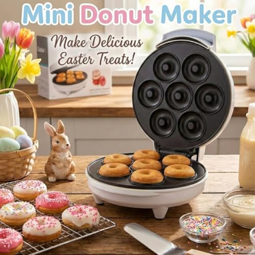 Mini Donut Maker- Electric Non-Stick Surface Makes 7 Small Doughnuts- Decorate, Frost, Ice Your Own for Kid Friendly Baked Dessert Treat - Cooking Activity for Adults with Recipe Guide, Easy Bake Gift