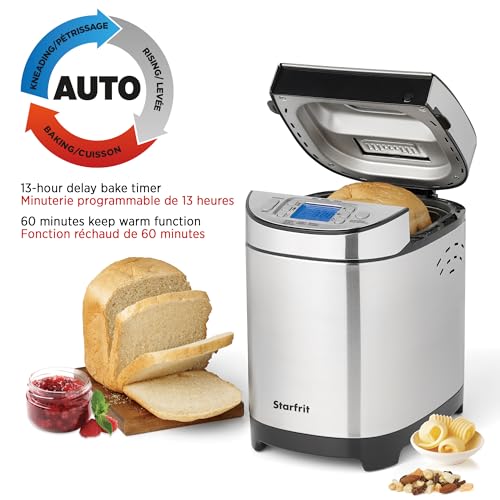 Starfrit Electric Bread Maker - 2lb Loafs - Non-Stick Removable Pan - Automatic Nut Dispenser - 13 Preset Programs - 550W