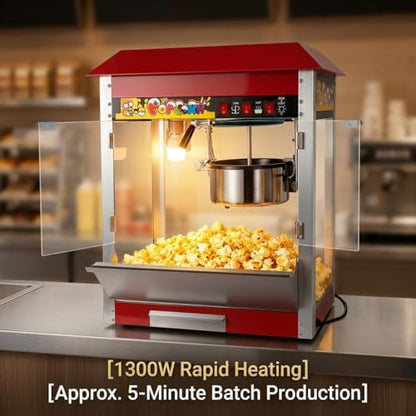 Movie Popcorn Machine, 1300W Commercial Popcorn Maker with 8 Oz Kettle, Stainless Steel Countertop Popcorn Popper, Theater Style for Home & Concession Stands