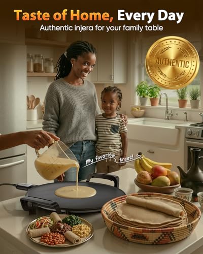 Ethiopian 18.5" Injera Maker Mitad (Mogogo), Electric Griddle with Adjustable Temperature & Time, Non-Stick Surface for Norwegian Lefse, Swedish Pancake, Indian Dosa, Digital Handle