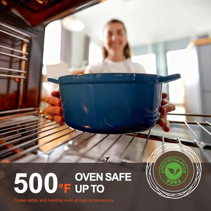 Overmont Enameled Cast Iron Dutch Oven - 5.5QT Pot with Lid Cookbook & Cotton Potholders - Heavy-Duty Cookware for Braising, Stews, Roasting, Sourdough Baking Blue