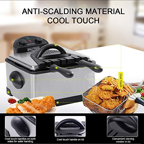 Secura 4 Liters / 17-Cup Stainless-Steel 1700-Watt Electric Deep Fryer with Timer Free Extra Odor Filter, Triple Basket, 4.5 Quarts, Silver
