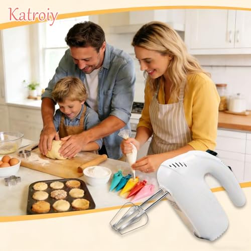 Katroiy 300W Hand Mixer Electric Handheld, 5 Speed Lightweight Kitchen Blender, Turbo Boost/Self-Control Speed Hand Held Beater Mixer with 4 Stainless Steel Whisks for Baking Cakes Eggs Cream, White
