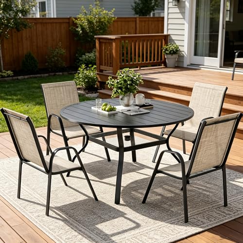 HOMREST 5 Piece Outdoor Patio Dining Table Set of 4,48" Round Metal Table with 4 Stackable Patio Chairs,All-Weather Patio Furniture Set with Umbrella Hole & Storage Shelf for Outside, Brown