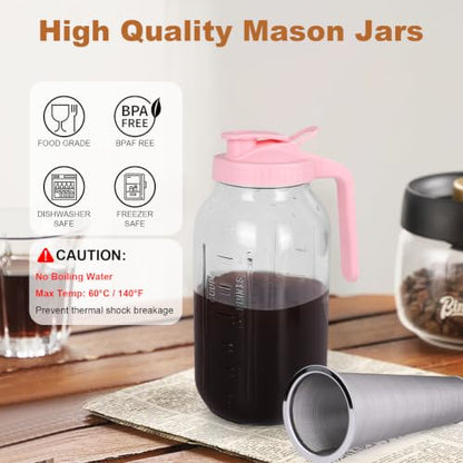 QHH Cold Brew Coffee Maker, 64 oz Mason Jar Pitcher with Stainless Steel Filter, Pour Spout Handle Lid, Heavy Duty Glass Airtight & Leak-Proof for Iced Coffee,Tea & Lemonade