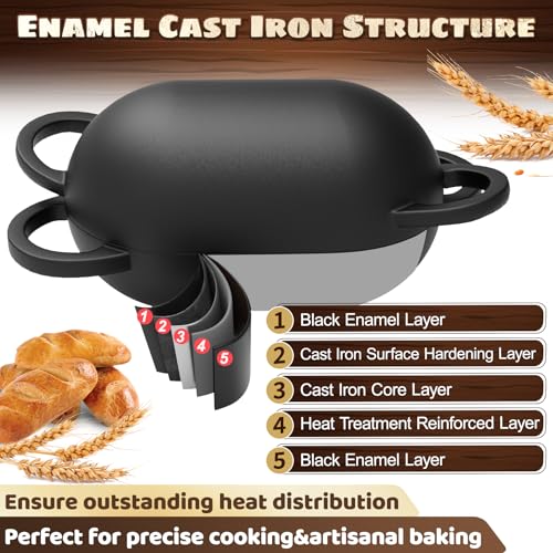 Enameled Cast Iron Oval Bread Oven with Non-Stick Silicone Liner, 2QT, Black, Mini Oval Homemade Sourdough Dutch Oven with Lid, Artisan Bread Loaf Pan for Homemade Bread Five-Years Free Replacement