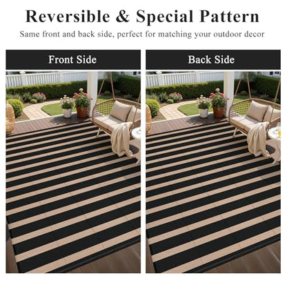 Vaukki Waterproof Outdoor Rug 5x8, Reversible Striped Patio Rug, Lightweight Plastic Straw Camping Mat, Indoor Outdoor RV Carpet for Outsides, Patio, Camping, Balcony, RV and Deck, Black and Beige