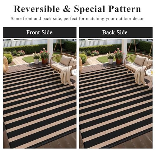 Vaukki Waterproof Outdoor Rug 5x8, Reversible Striped Patio Rug, Lightweight Plastic Straw Camping Mat, Indoor Outdoor RV Carpet for Outsides, Patio, Camping, Balcony, RV and Deck, Black and Beige