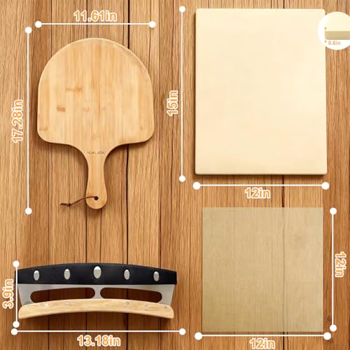 Rectangular Pizza Stone Kits 4PCS 12"x15",Cordierite Baking Stone for Grill & Oven,Cutter Rocker Stainless Steel &10pcs Cooking Paper and Peel Paddle-Durable and Pizza Oven Accessories