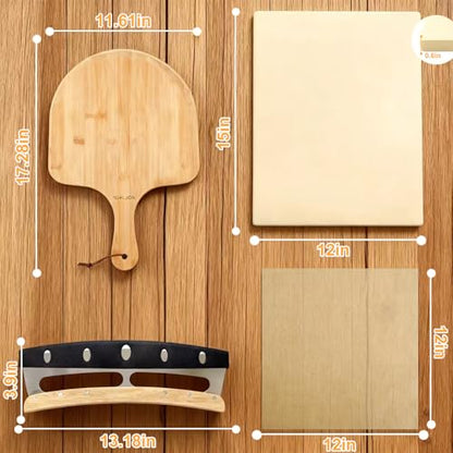 Rectangular Pizza Stone Kits 4PCS 12"x15",Cordierite Baking Stone for Grill & Oven,Cutter Rocker Stainless Steel &10pcs Cooking Paper and Peel Paddle-Durable and Pizza Oven Accessories
