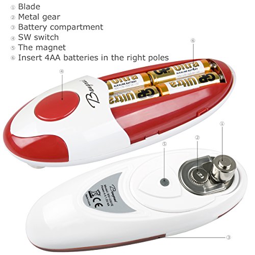 Kitchen Automatic Safety Cordless One Tin Touch Electric Can Opener&Bangrui Professional Electric Can Opener.One-touch switch .Smooth can edge.Being friendly to left-hander and arthritics! (Red)