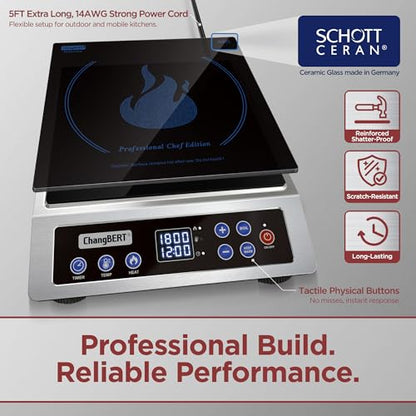 ChangBERT Induction Cooktop NSF Certified Professional Chef Edition Stove, 1800W Commercial Induction Burner with Schott Glass, Large Heating Coil Electric Hot Plate for Restaurant Hotel Food Station