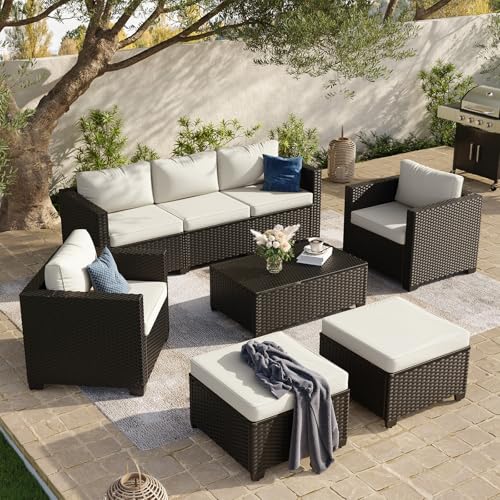 Aoxun 8 Piece Outdoor Patio Furniture Set 7 Seats, Outdoor Sectional with Thick Waterproof Cushions, Patio Conversation Sets for Garden,Backyard, Porch, Deck, Black & Beige
