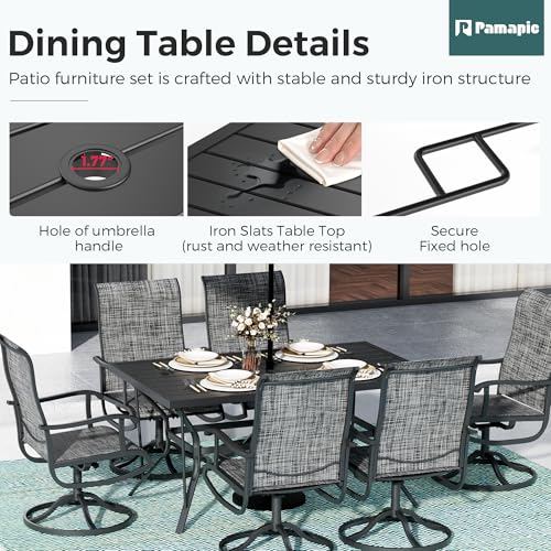 PATIOPIA 7-Piece Outdoor Dining Set, Patio Furniture Set with Textilene Swivel Chairs, Outdoor Table & 6 Chairs for Garden, Backyard, Poolside, Deck, Charcoal