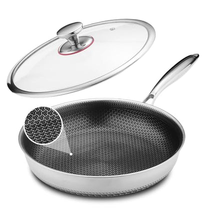Lazycorner Non Stick Frying Pans Skillet with Lid, 12 Inch Stainless Steel Kitchen Cookware Pots, Non toxic Healthy Induction Compatible PFAS PTFE PFOA PFOS Free