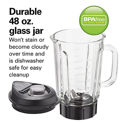 Hamilton Beach PowerMax Professional-Performance Blender for Shakes and Smoothies, Puree and Ice Crush, 48oz BPA-Free Glass Jar, 1680 Peak Watts, Stainless Steel Blades, Silver (58600J)